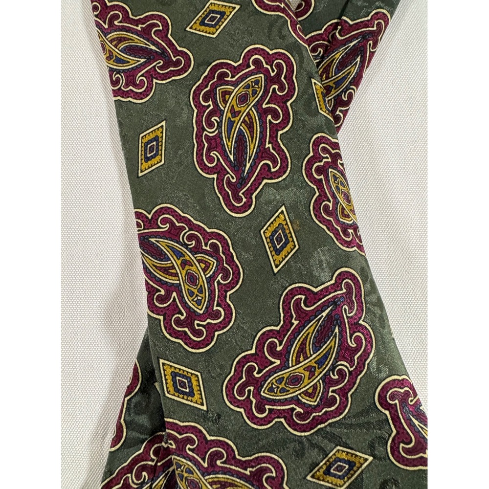 Gant Limited Edition Mens Silk Tie Olive Green Paisley Diamond Pattern Vintage